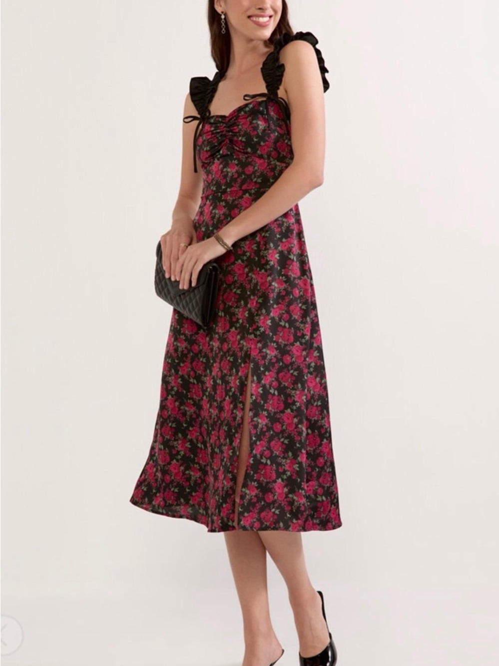 Francesca's Collections Black Floral Midi Dress with Pink Blooms